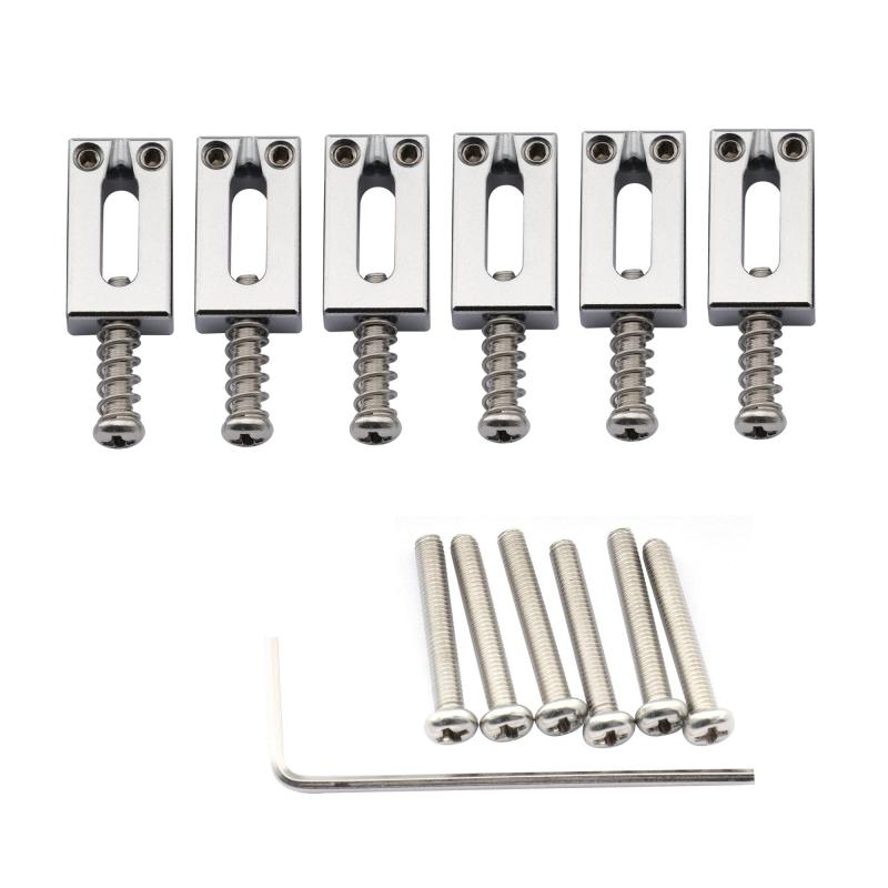 Musiclily Ultra 10.8mm ブラス製ブリッジサドル Stratストラト/Teleテレキャスターエレキギター用、クローム（6個セット）Squier/Fender Japan Strat/Teleなど、弦間ピッチ54mmのエレキギターのブリッジのように、長さの異なるネジが付いた多くの輸入ストラトやテレに適合します。ブリッジのサイズをご確認の上、お買い求めください。幅：10.8mm、長さ：20mm、ソリッドブラス製、精密CNC機械加工、デュアブル、安定、より良いイントネーションを提供します。ネジとスプリングはステンレス製で、六角形の高さ調整ネジは高さ8mm、長さ調整ネジは16mmと20mmのメトリックサイズで、ストラトとテレキャスターに適合します。モダンなスタイルの長方形サドルは、粗いエッジがなく、よく仕上がっています。パッケージ内容：6個のサドルと取り付けアクセサリ