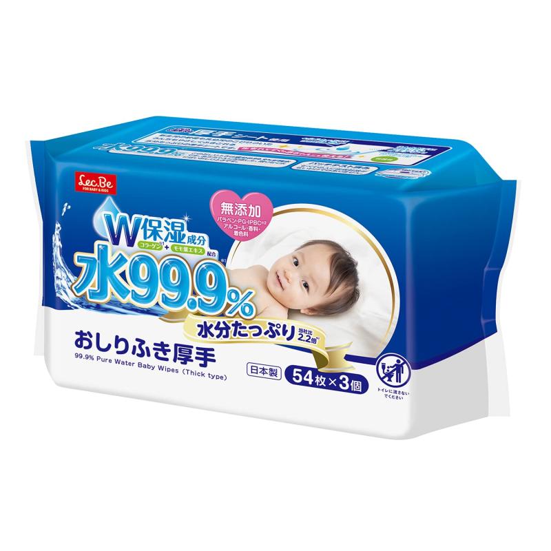 純水ベビーケア 純水 99.9% 水分たっぷり 厚手 おしりふき 54枚×3個 (162枚) コラーゲン モモ葉エキス W保湿成分配合 弱酸性 日本製