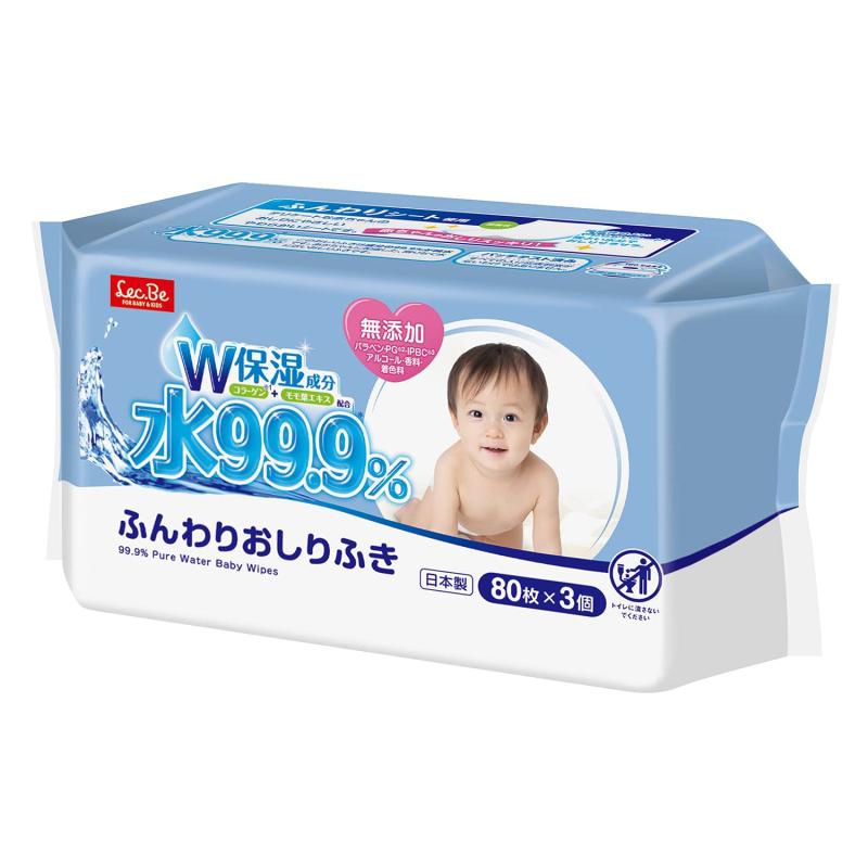 純水ベビーケア レック 純水 99.9% ふんわり おしりふき 80枚×3個 (240枚) コラーゲン モモ葉エキス W保湿成分配合 弱酸性 日本製