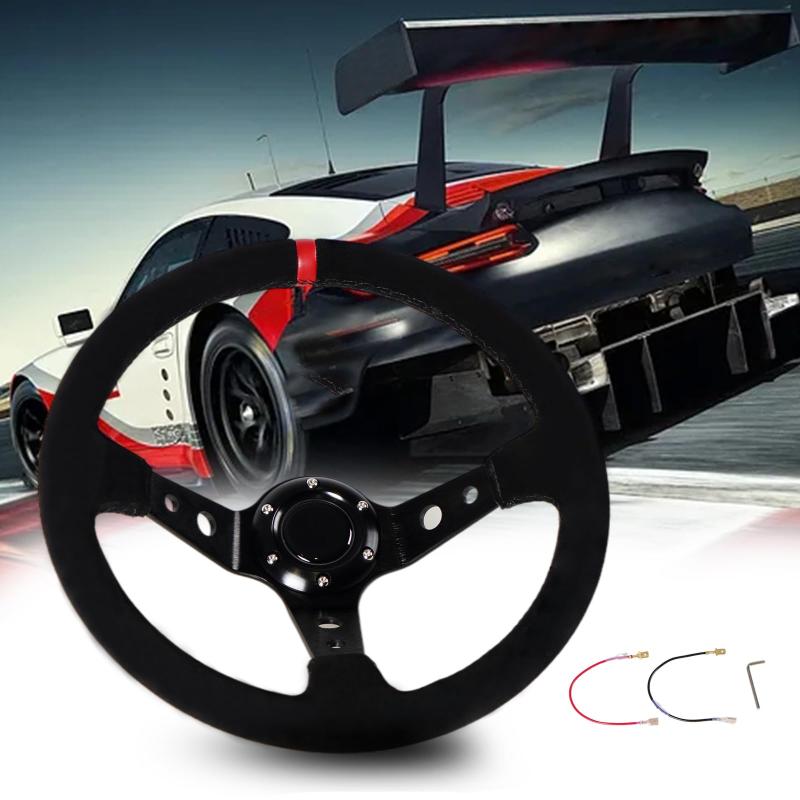 VEHSUN ステアリング 35パイ ハンドル 車用 ディープコーン ブラックスポーク スポーツタイプ 軽量アル..