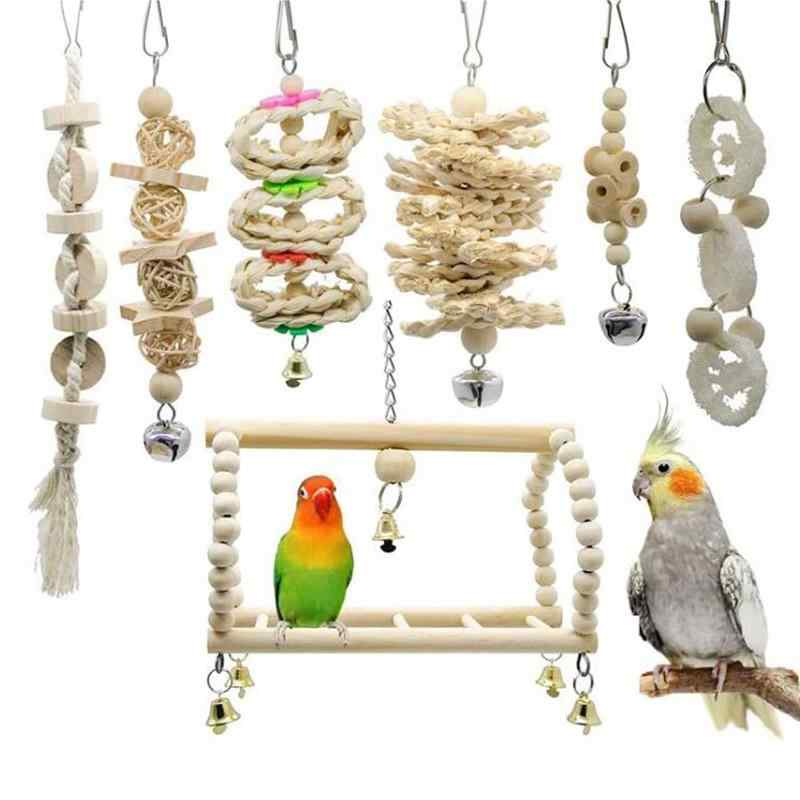 バードトイ 7点セット 鳥の遊び場 原木 吊り下げ 鈴 ブランコ オウム おもちゃ 噛む玩具 鳥グッズ インコおもちゃ ストレス解消 ベル (7点セット)