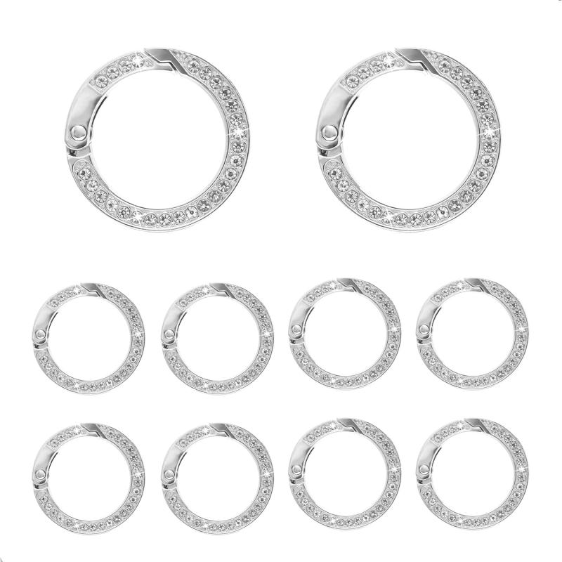 キーリング 10個セット 銀色 おしゃれ カラビナ ラインストーン キラキラ 丸型 カバン飾り 鍵飾り バッグチャーム DIY手作りアクセサリー ジュエリー作り...