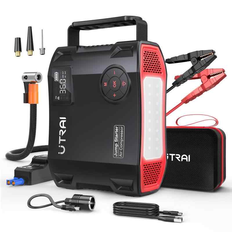 UTRAI ジャンプスターター 27000mAh 電動空気入れ エンジンスターター ピーク電流5000A バッテリー上がり対策 DC/USB出力搭載 安全保護機能 LED緊急ライト モバイル電源 QC3.0急速充電 すべてガソリ