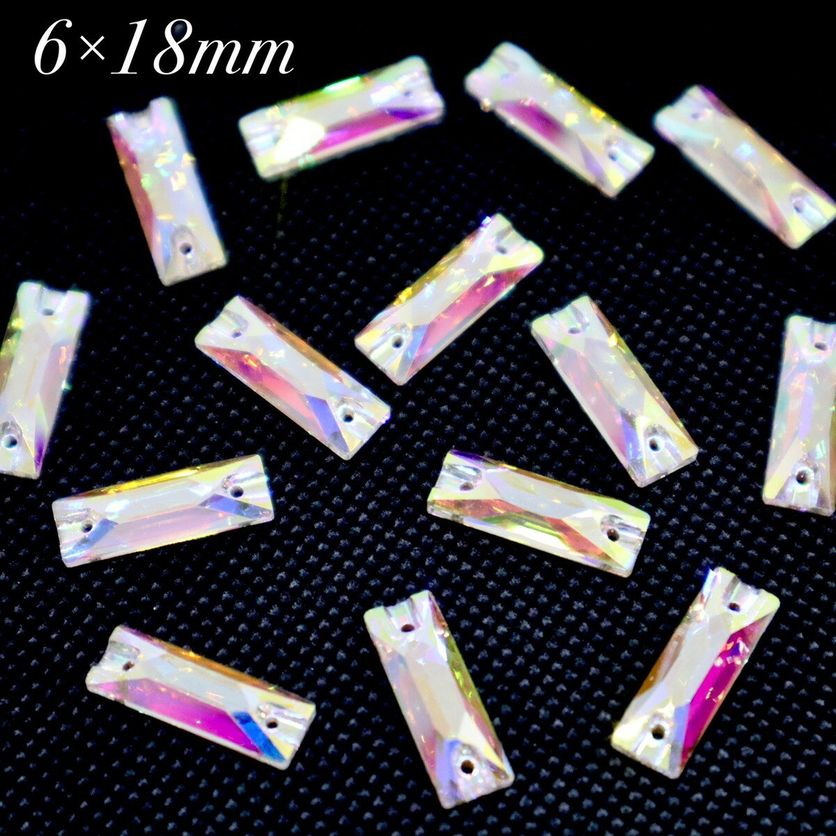 A5ランク　【細型　長方形 6×18mm 14粒 CrystalAB 】ガラスビジュー　ガラスストーン　高輝度ビジュー　ソーオン　ソーオンビジュー　クリスタルオーロラ　衣装パーツ　縫い付けビジュー　ソーオンストーン　longrectangle