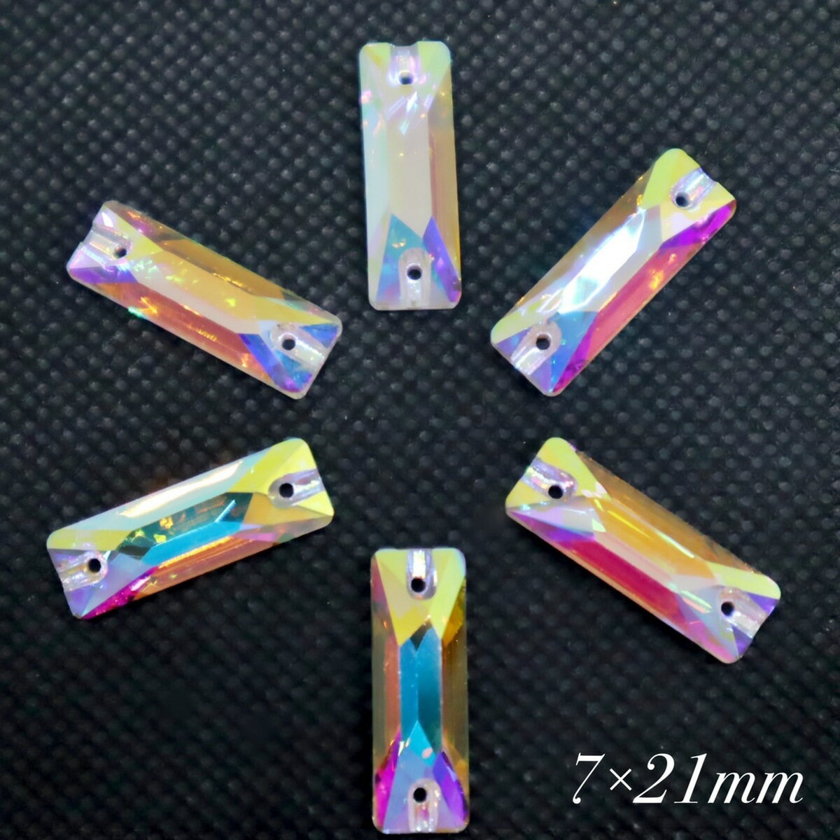 A5ランク 【細型 長方形 7×21mm 6粒 CrystalAB 】ガラスビジュー ガラスストーン 高輝度ビジュー ソーオン ソーオンビジュー クリスタルオーロラ 衣装パーツ 縫い付けビジュー ソーオンストーン longrectangle