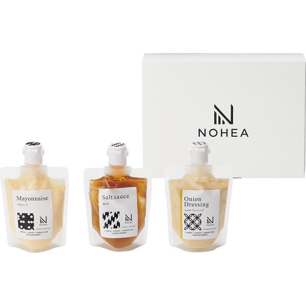 商品詳細 ノヘアドレッシングギフト（3本入り） SPEC ●NOHEAドレッシングたまねぎ150ml、NOHEAマヨネーズ150g、NOHEA塩だれ150g ●箱サイズ：16.5×22.5×5cm ●化粧箱入 ●アレルゲン(特定7品目)：卵、小麦 ●賞味期限まで60日以上の商品を発送 ■さまざまなギフトアイテムをご用意しております。内祝　内祝い　お祝い返し　ウェディングギフト　ブライダルギフト　引き出物　引出物　結婚引き出物　結婚引出物　結婚内祝い　出産内祝い　命名内祝い　入園内祝い　入学内祝い　卒園内祝い　卒業内祝い　就職内祝い　新築内祝い　引越し内祝い　快気内祝い　開店内祝い　二次会　披露宴　お祝い　御祝　結婚式　結婚祝い　出産祝い　初節句　七五三　入園祝い　入学祝い　卒園祝い　卒業祝い　成人式　就職祝い　昇進祝い　新築祝い　上棟祝い　引っ越し祝い　引越し祝い　開店祝い　退職祝い　快気祝い　全快祝い　初老祝い　還暦祝い　古稀祝い　喜寿祝い　傘寿祝い　米寿祝い　卒寿祝い　白寿祝い　長寿祝い　金婚式　銀婚式　ダイヤモンド婚式　結婚記念日　ギフト　ギフトセット　セット　詰め合わせ　贈答品　お返し　お礼　御礼　ごあいさつ　ご挨拶　御挨拶　プレゼント　お見舞い　お見舞御礼　お餞別　引越し　引越しご挨拶　記念日　誕生日　父の日　母の日　敬老の日　記念品　卒業記念品　定年退職記念品　ゴルフコンペ　コンペ景品　景品　賞品　粗品　お香典返し　香典返し　志　満中陰志　弔事　会葬御礼　法要　法要引き出物　法要引出物　法事　法事引き出物　法事引出物　忌明け　四十九日　七七日忌明け志　一周忌　三回忌　回忌法要　偲び草　粗供養　初盆　供物　お供え　お中元　御中元　お歳暮　御歳暮　お年賀　御年賀　残暑見舞い　年始挨拶　話題　のし無料　メッセージカード無料　ラッピング無料　手提げ袋無料　大量注文ノヘアドレッシングギフト（3本入り） ■さまざまなギフトアイテムをご用意しております。内祝い　結婚内祝い　結婚祝い　出産内祝い　入進学内祝い　お返し　名命　初節句　七五三　入学　入園　卒園　卒業　お祝い　結婚引き出物　結婚引出物　結婚式　セット　詰め合わせ　ギフト　プレゼント　ごあいさつ　ご挨拶　新築祝い　快気祝い　快気内祝い　お見舞い　全快祝い　御見舞御礼　長寿祝い　金婚式　記念品　賞品　景品　引越し　香典返し　弔事　法要　法事　志　四十九日　満中陰志　初盆　偲び草　粗供養　忌明け　七七日忌明け志　のし・包装無料