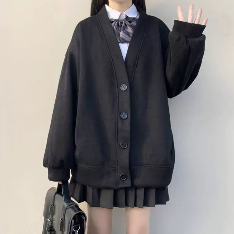 【送料無料】スクールカーディガン 男子 女子 制服 ゆったり Vネック 前開き 秋冬 春 羽織り 裏起毛 ジャケット アウター スクールセーター 学生服 高校生 中学生 パフスリーブ 無地 シンプル かわいい ブラック 黒 グレー 大きいサイズ