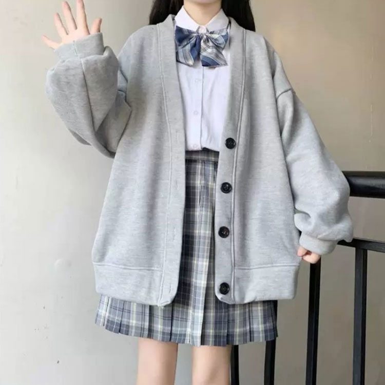 【送料無料】スクールカーディガン 男子 女子 制服 ゆったり Vネック 前開き 秋冬 春 羽織り 裏起毛 ジャケット アウター スクールセーター 学生服 高校生 中学生 パフスリーブ 無地 シンプル かわいい ブラック 黒 グレー 大きいサイズ