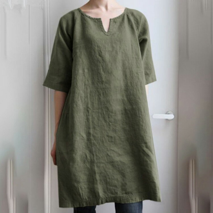 半袖 Tシャツ 膝丈 tシャツ ロング チュニックワンピース キーネック 夏 トップス 無地 薄手 綿麻 コットンリネン 涼しい レディース プルオーバー オーバーサイズ 通気性 ゆったり チュニック 大きいサイズ 体型カバー 大人 可愛い カジュアル 通気性