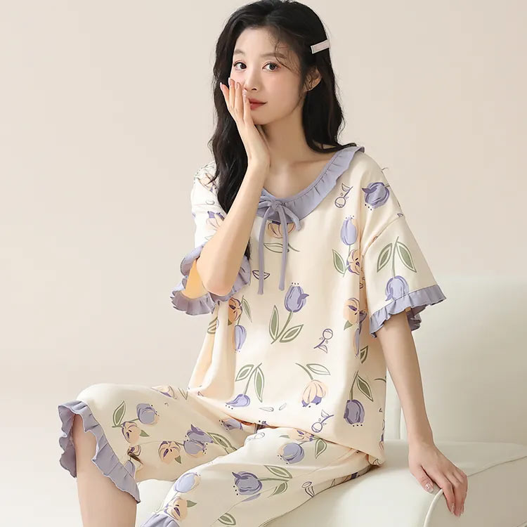 ベレザヴォーチェのカップ付き パジャマ レディース 夏 上下2点セット コットン 綿 夏用パジャマ 半袖 Tシャツ パンツ 半袖Tシャツ ショートパンツ 7分丈 七分丈 ルームウェア 部屋着 寝間着 涼しい 軽い 寝巻き 女性 春夏 通気性 楽ちん｜アングル2