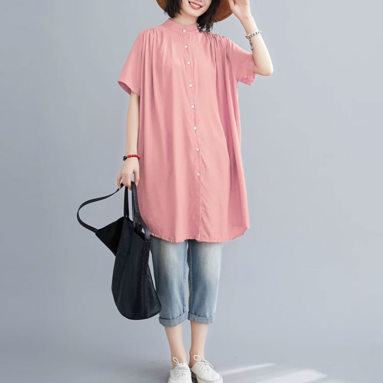 チュニック シャツ 半袖 半袖シャツ 羽織り 立ち襟 ギャザー フレア ロング 前開き ドルマンスリーブ ドロップショルダー ゆったり ビングシルエット トップス 春 夏 レディース ロングシャツ 半袖チュニック 大人可愛い 白 黒 ホワイト