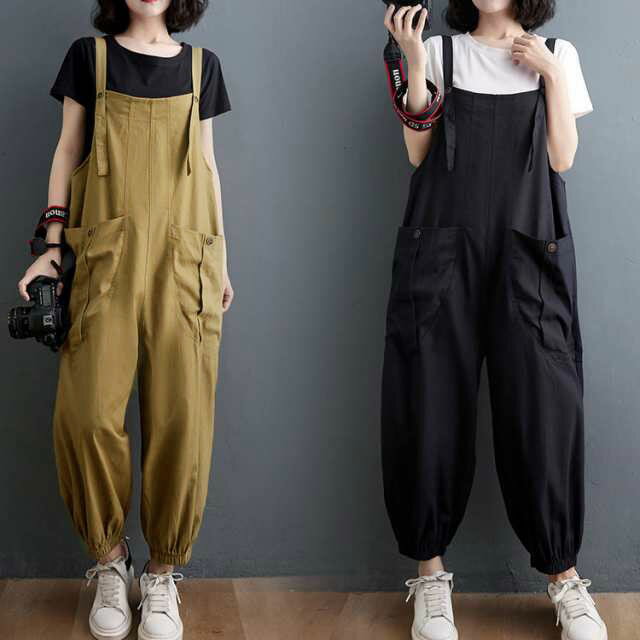 サロペット オーバーオール オールインワン チノパン ビッグシルエット パンツ ボトムス 絞り裾 無地 作業着 仕事着 作業服 薄手 マタニティ レディース 春 夏 サロペットパンツ 9分丈 九分丈 ワイドパンツ 綿混 コットン混 楽ちん ゆったり 無地 シンプル
