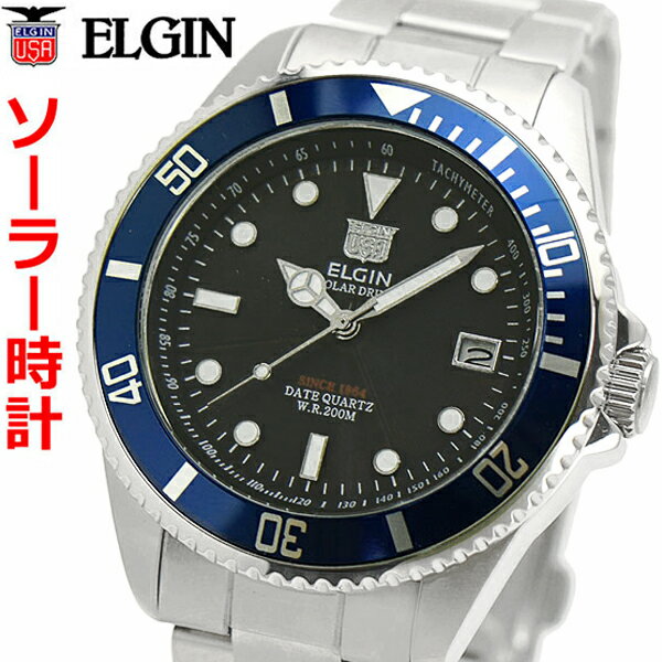 楽天Bell Fieldエルジン ELGIN ソーラー ダイバー腕時計 20気圧防水 太陽電池 メンズ 男性用 ブラック文字盤 ブルーベゼル エルジン FK1426S-BL2