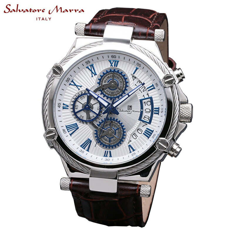 サルバトーレマーラ サルバトーレマーラ SALVATORE MARRA メンズ腕時計 クロノグラフ 10気圧防水 レザーベルト ホワイト x ブラウン SM18102-SSWH