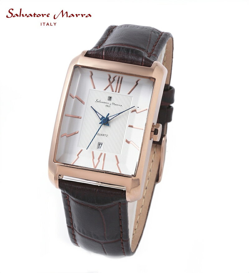 サルバトーレマーラ SALVATORE MARRA 腕時計 男女兼用 ユニセックス レクタンギュラー クオーツ 角型 長方形 カットガラス レザーベルト ホワイト/ピンクゴールド x ブラウン SM21101-PGWH