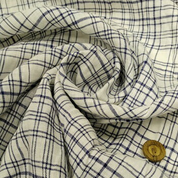 Checkered - 【リネン100% 平織り生地 チェック柄 オフ白×ネイビー 】2個(1m)以上、50cm単位販売商品