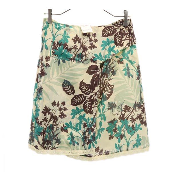 古着 未使用 MAX&CO マックスアンドコー シルク100％ リーフフラワー柄 ミニ丈 スカート 40 ベージュ×緑×茶 レディース 【中古】 【PD】