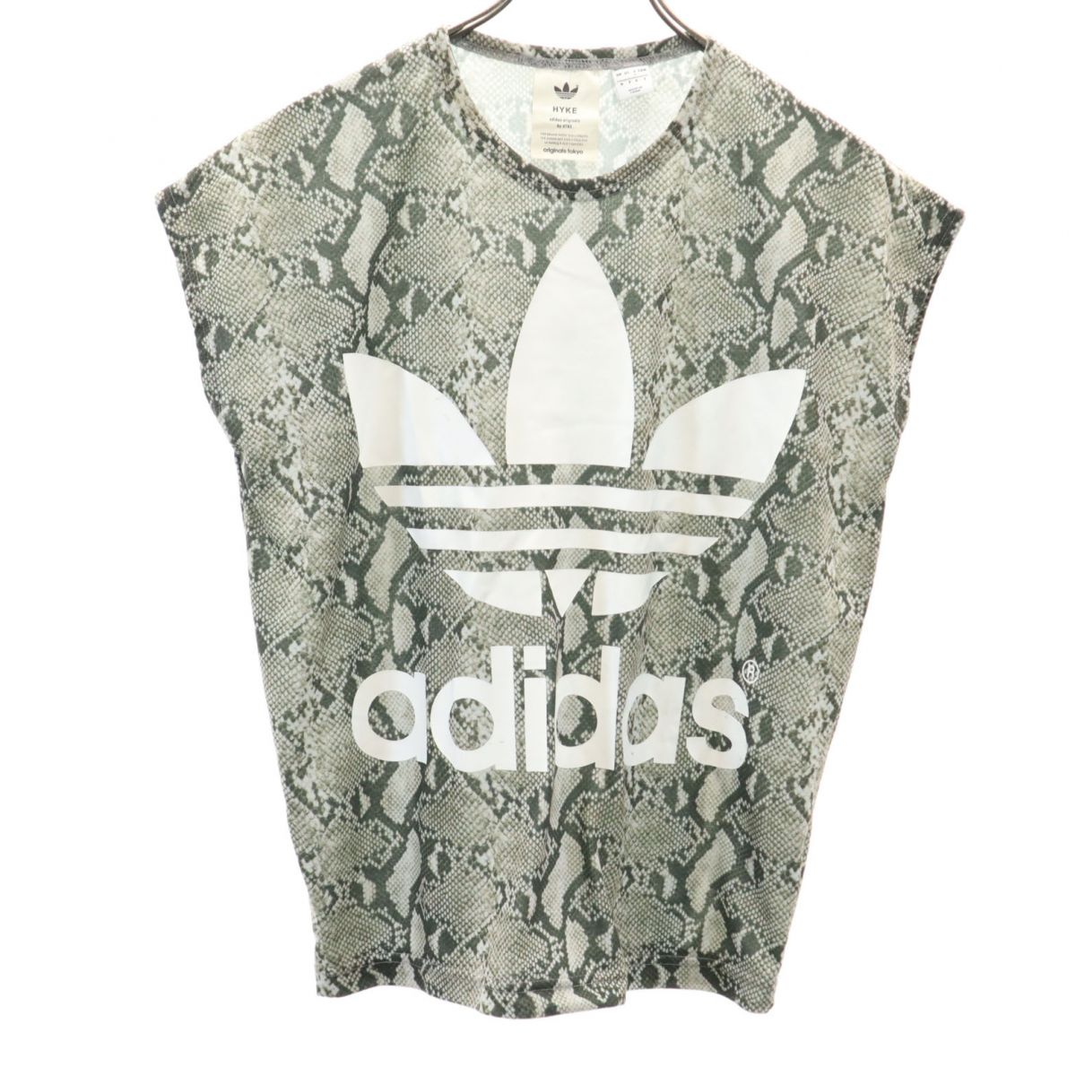 古着 ハイク HYKE × アディダス コラボ パイソン柄 トレフォイルロゴ 半袖 Tシャツ S カーキ系 × adidas フレンチスリーブ レディース 【中古】