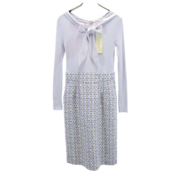 未使用 デビュードフィオレ リブ ニット ドッキング チェック柄 ワンピース 36 パープル系 Debut de Fiore 長袖 リボン衿 レディース 古着 220912