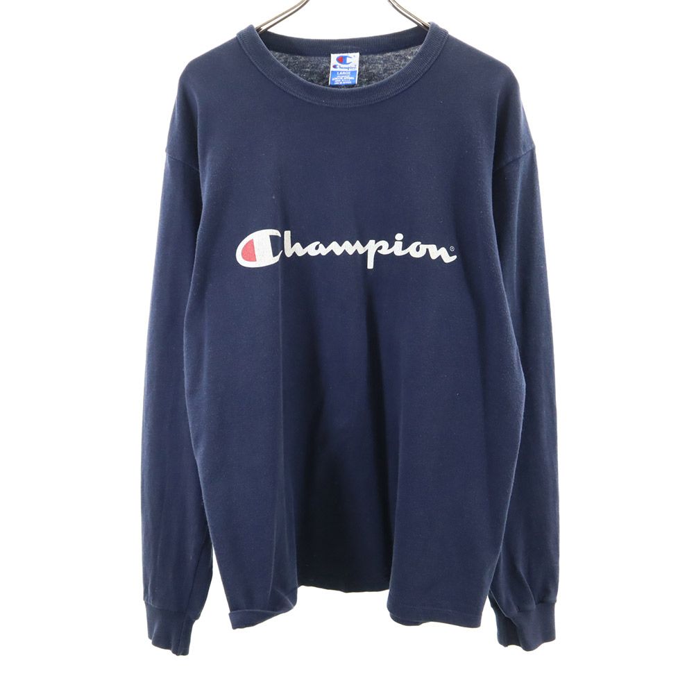 古着 Champion チャンピオン 90s 後期 USA製 プリント 長袖 Tシャツ L ネイビー ロンT オールド ヴィンテージ メンズ 【中古】
