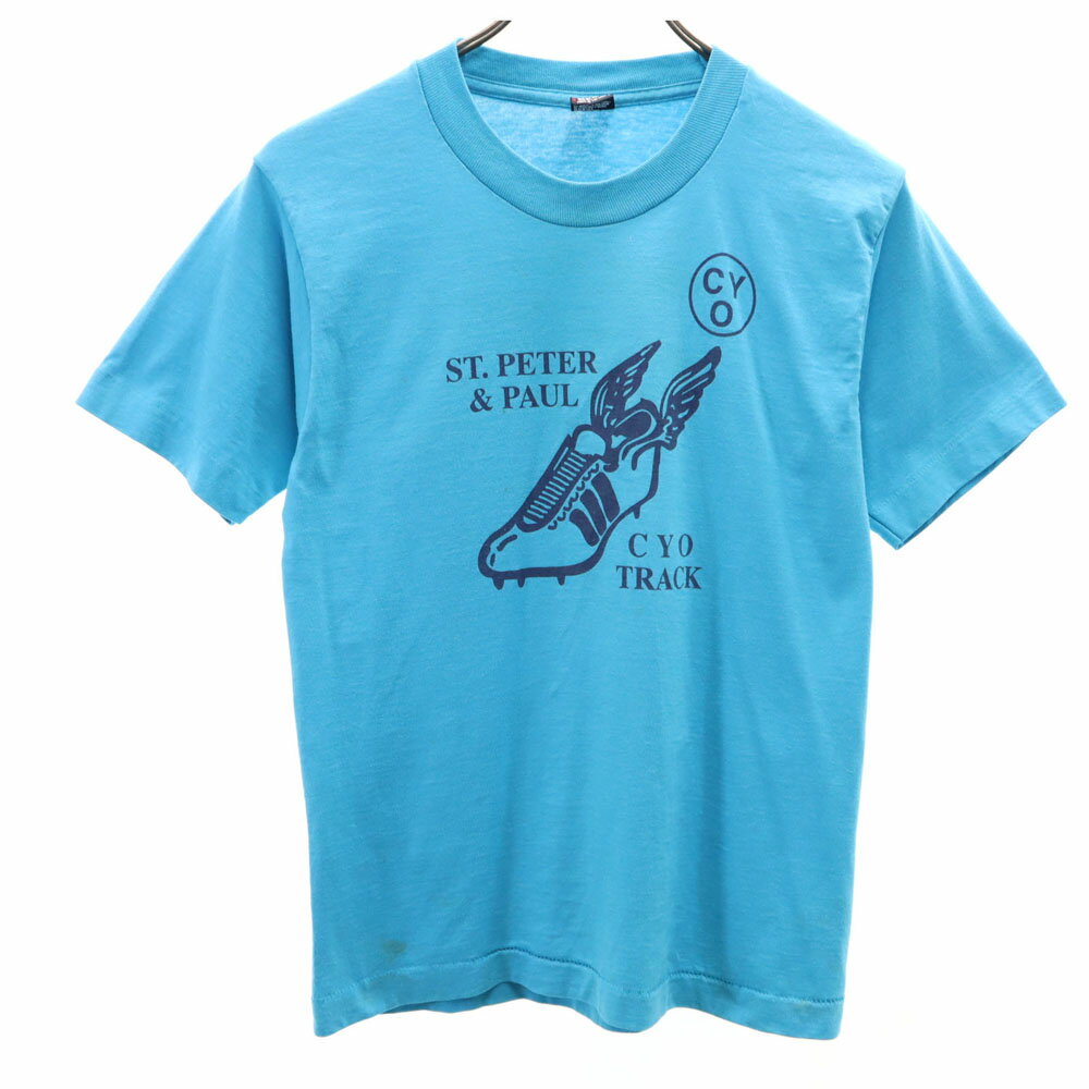 古着 FRUIT OF THE LOOM フルーツオブザルーム 90s USA製 半袖 シングルステッチ オールド Tシャツ 14-16 水色 BEST キッズ 【中古】 【PD】