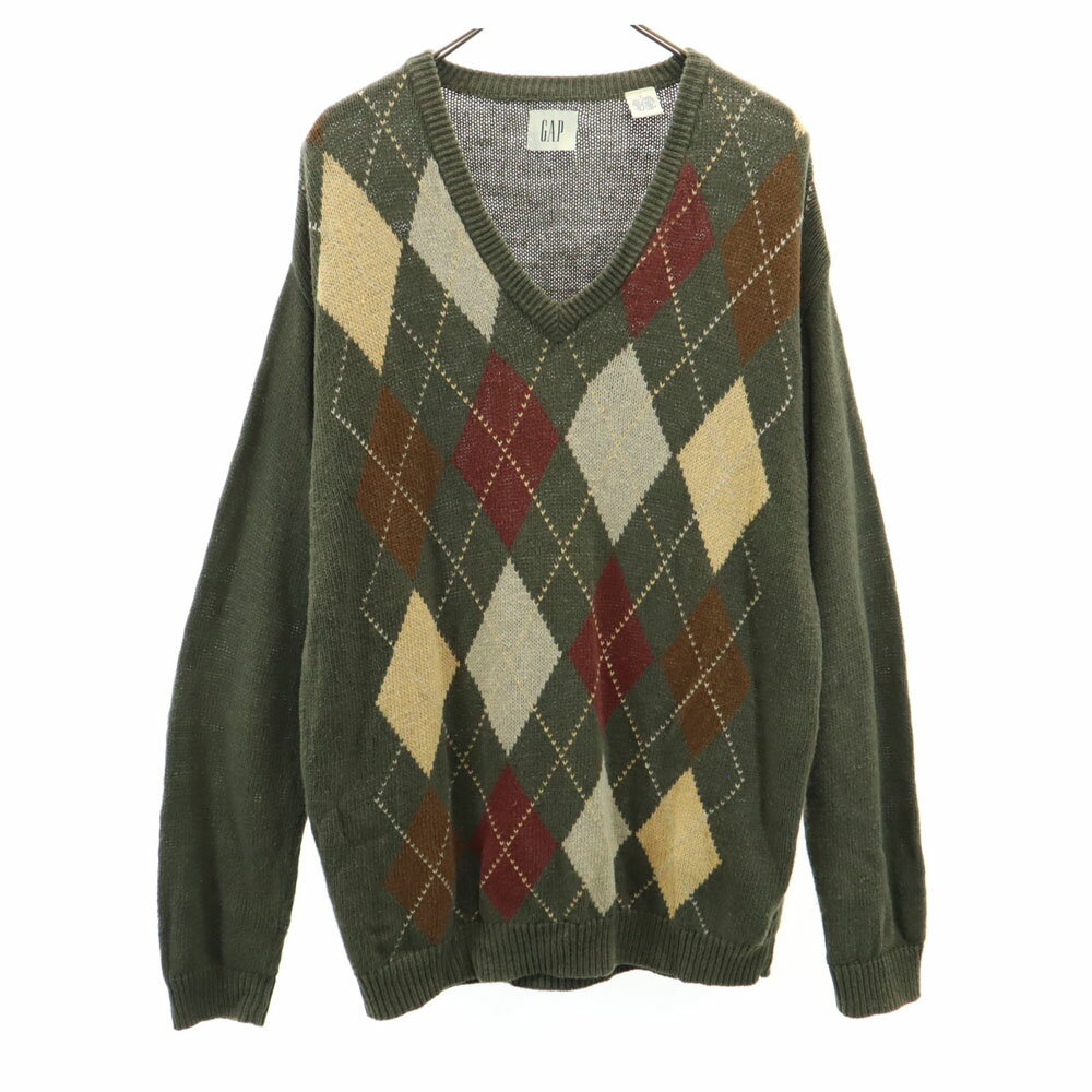 古着 GAP ギャップ 90s リネンブレンド 白タグ オールド アーガイル 長袖 コットンニット セーター L グリーン系 メンズ 【中古】 【PD】