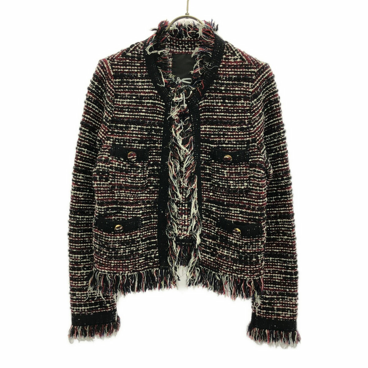 古着 DENHAM デンハム 日本製 ウールブレンド クラッシュ ツイードジャケット F ブラック×ホワイト×レッド ノーカラー レディース 【中古】 【PD】のサムネイル