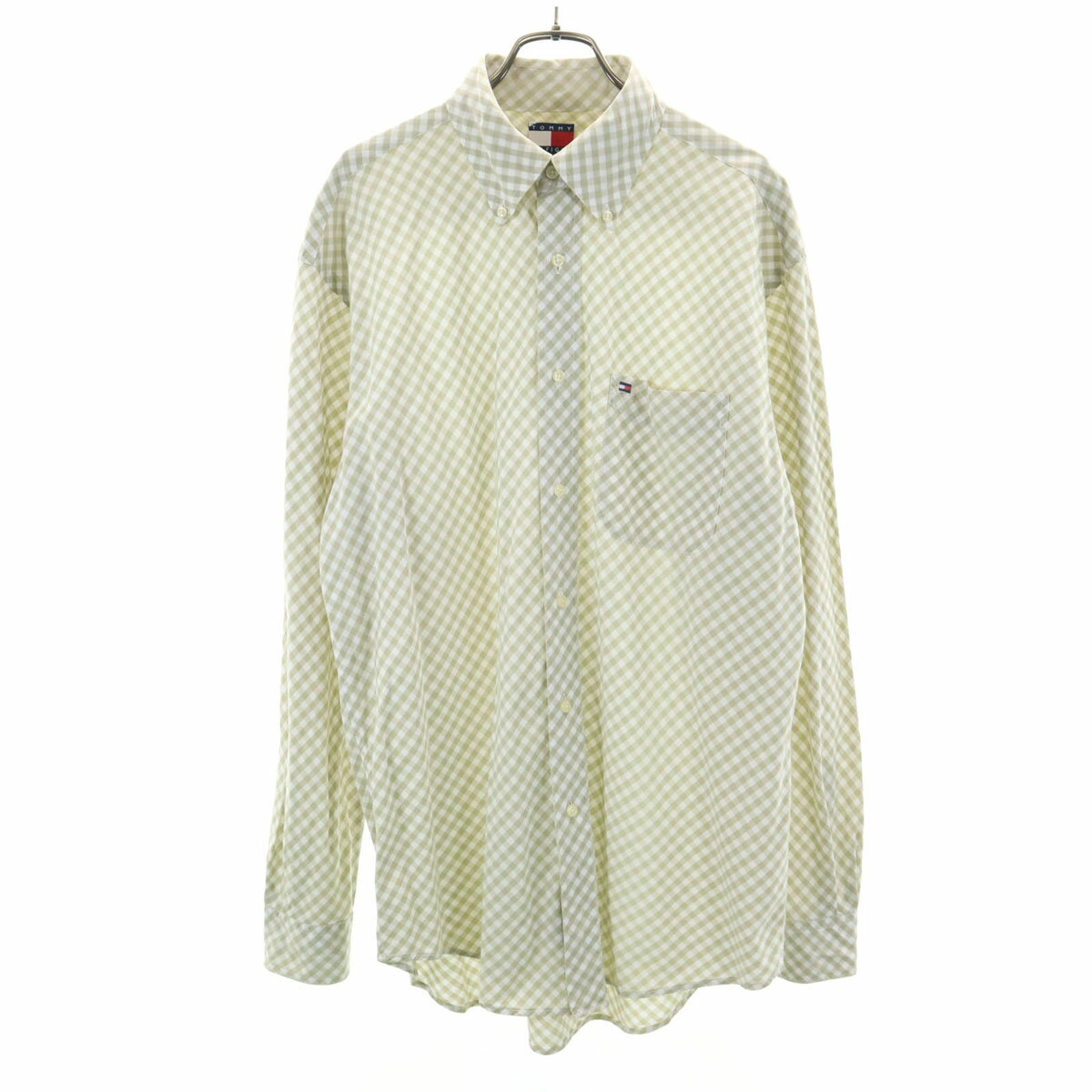 古着 TOMMY HILFIGER トミーヒルフィガー 90s オールド フラッグタグ ギンガムチェック柄 長袖 ボタンダウンシャツ M ライトグリーン メンズ 【中古】