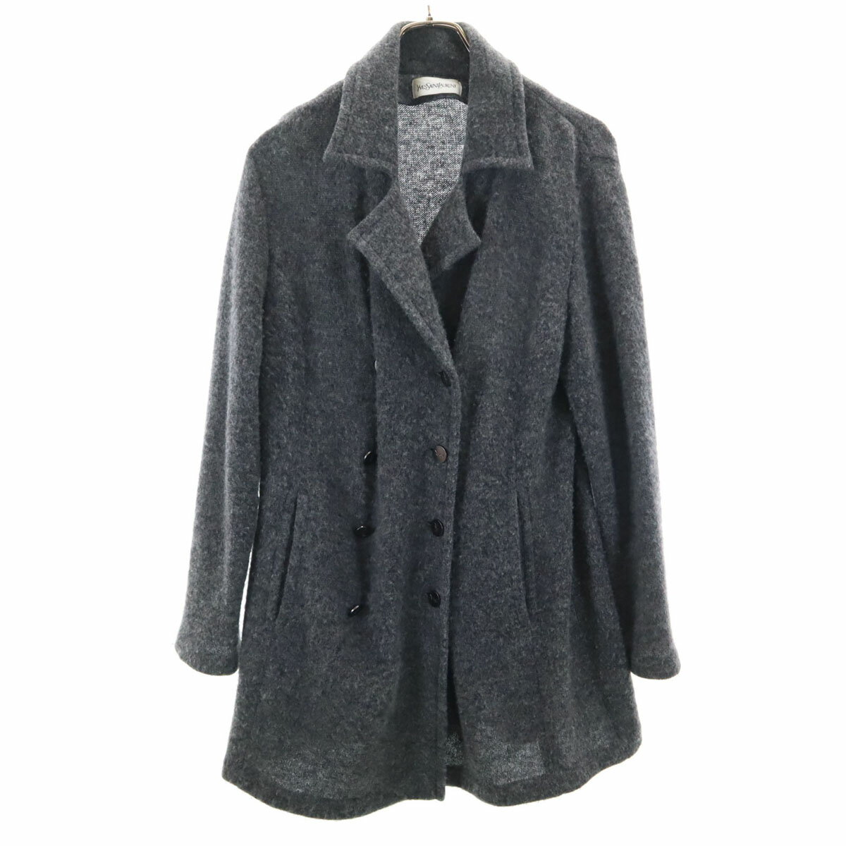 美品イヴサンローラン　ノーカラーニットコート　ロングカーディガン　ジャケット　黒 美品イヴサンローラン ノーカラーニットコート ロング