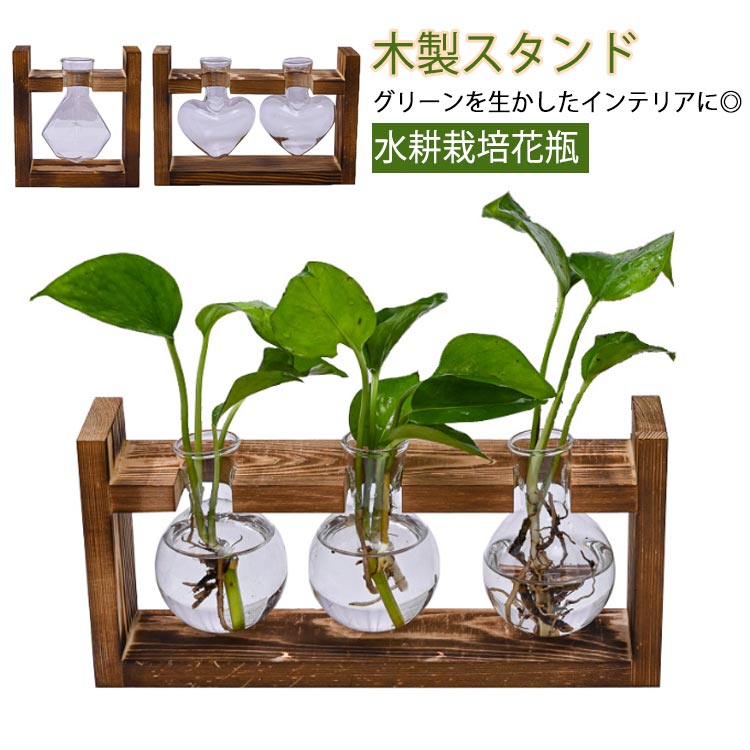 Rakuten - 水耕栽培花瓶 ガラス瓶 花瓶ホルダー 水耕栽培花瓶 木製スタンド付き ギフト 置物 ガラスの花瓶 水耕フラワーケース 植物テラリウム 自宅 植物用繁殖花瓶 デスクトップ 新築祝い オフィス ウッドカラー 花瓶ホルダー