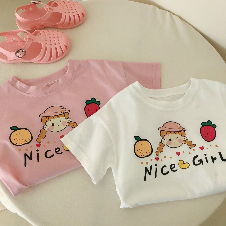 [送料無料]子供服 キッズ kids 女の子 ガールズ 丸襟 半袖 Tシャツ 白 ピンク 薄手 かわいい プリント ..