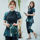 ぽっちゃり水着 大きいサイズ ラッシュガード 半袖 フィットネス水着 セパレート水着 レディース 3点セット スカート付き 競技 競泳 体型カバー 海水浴 温泉 韓国風 大人 女性用 上下セット df021x1