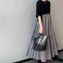 !ワンピース カジュアル ミモレ丈 袖あり きれいめ 半袖 おしゃれ レディース フレア 可愛い フェミニン ワンピ ドレス ゆったり ロングワンピ 体型カバー ブラック 黒 春 夏 秋 20代 30代 40代 50代 お出かけ チェック ホワイト