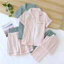 パジャマ レディース 半袖 3点セット 綿100% ダブルガーゼ 夫婦 春 夏向き ルームウェア tシャツ ロング/ショートパンツ チェック柄 サックス M L LL おそろい 女性 ママ 敬老の日 ギフト プレゼント 入院 介護