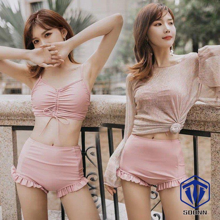 ビキニ 水着レディース 夏 ビキニ3点セット 韓国風 長袖ガウン 日焼け対策 ラッシュガード ボリューム 小胸バンドゥビキニ 40代 スイムウェア 温泉