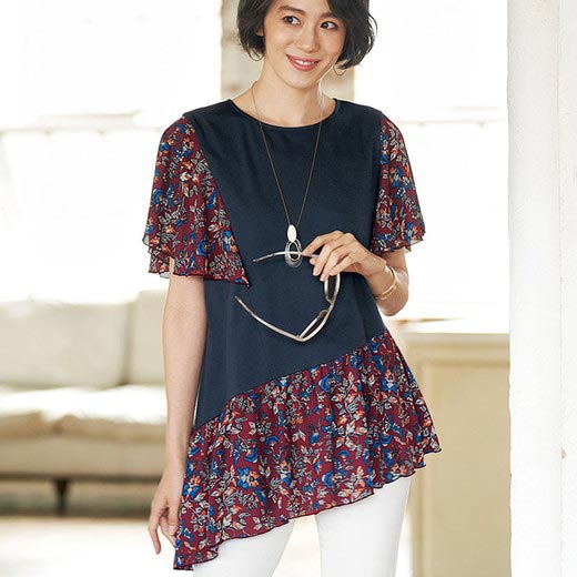 ＼まとめ買いクーポン配布中／ カットソー・プルオーバー 更紗柄プリント切替プルオーバー(M〜LL) レディース ミセス 大人 トップス 半袖 40代 50代 Belluna ベルーナのサムネイル