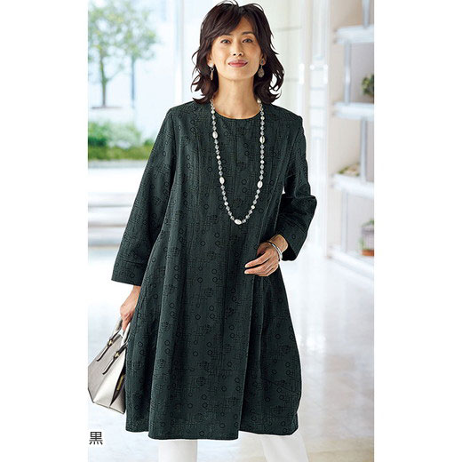 【UP不可(在庫連携停止)240708】Belluna（ベルーナ） チュニック ジャカード切替コクーンチュニック(M〜LL) レディースファッション ミセス 大人 トップス 40代 50代