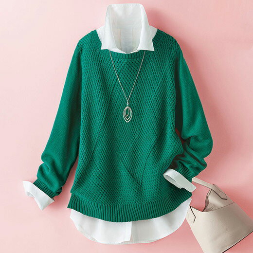 ＼まとめ買いクーポン配布中／ニット レディース トップス Belluna（ベルーナ） ニットプルオーバー 編地変化シンプルニットプルオーバー(M〜LL) ミセス 大人 40代 50代のサムネイル