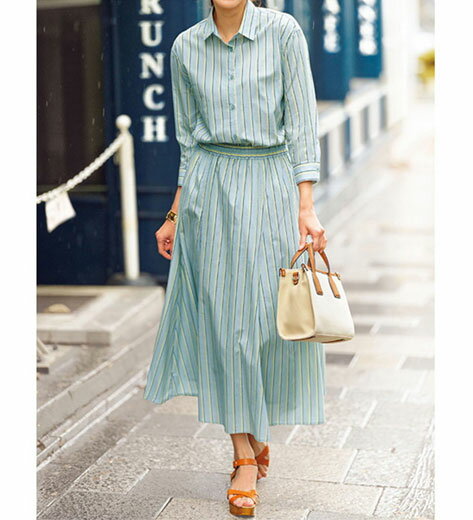 ブラウススーツ 即コーデ完成！綿100％ストライプ柄セットアップ(3L〜5L) レディースファッション ミセス 大人 スーツ ブラウス トップス 40代 50代 Belluna ベルーナ