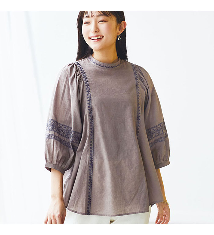 ＼まとめ買いクーポン配布中※4日10時〜／ブラウス 綿100％インド刺しゅうハイネックブラウス(M〜LL) レディースファッション ミセス 大人 トップス 40代 50代 Belluna ベルーナ