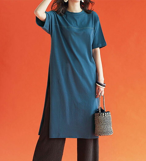 \まとめ買いクーポン配布中/カットソーワンピース 【楊柳イージーパンツ付】ひんやり!スリットデザインワンピース(M〜LL) レディースファッション ミセス 大人...