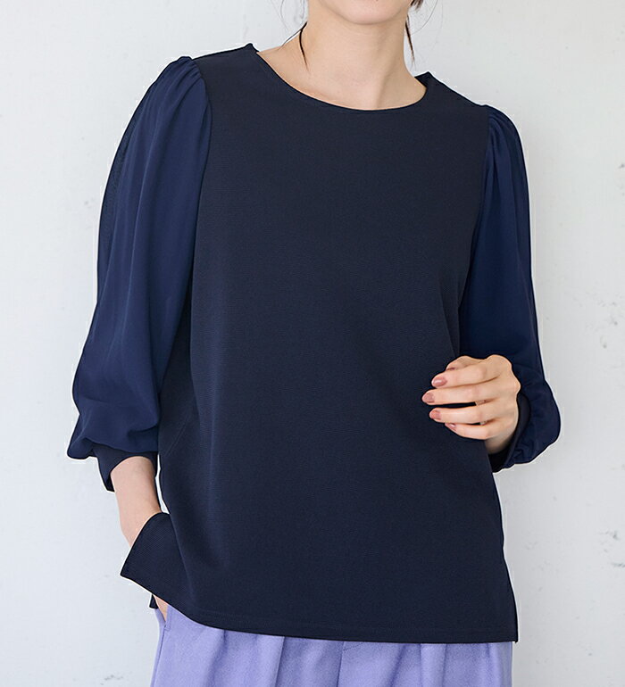 樂天商城 - ＼まとめ買いクーポン配布中／カットソー プルオーバー M L LL 3L リップル素材ボリューム袖プルオーバー(M〜3L) ベルーナ belluna 40代 50代 60代 ミセス 大人 レディース ラナン RANAN 秋冬 トップス Tシャツ