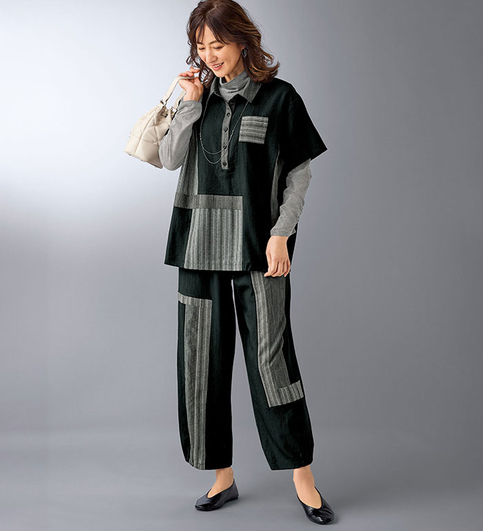 カジュアルスーツ M-L LL-3L 4L-5L バルーンパンツ切替デザインセットアップ(M-L〜4L-5L) ベルーナ Belluna 40代 50代 60代 ミセス 大人 レディース 秋冬 秋冬服