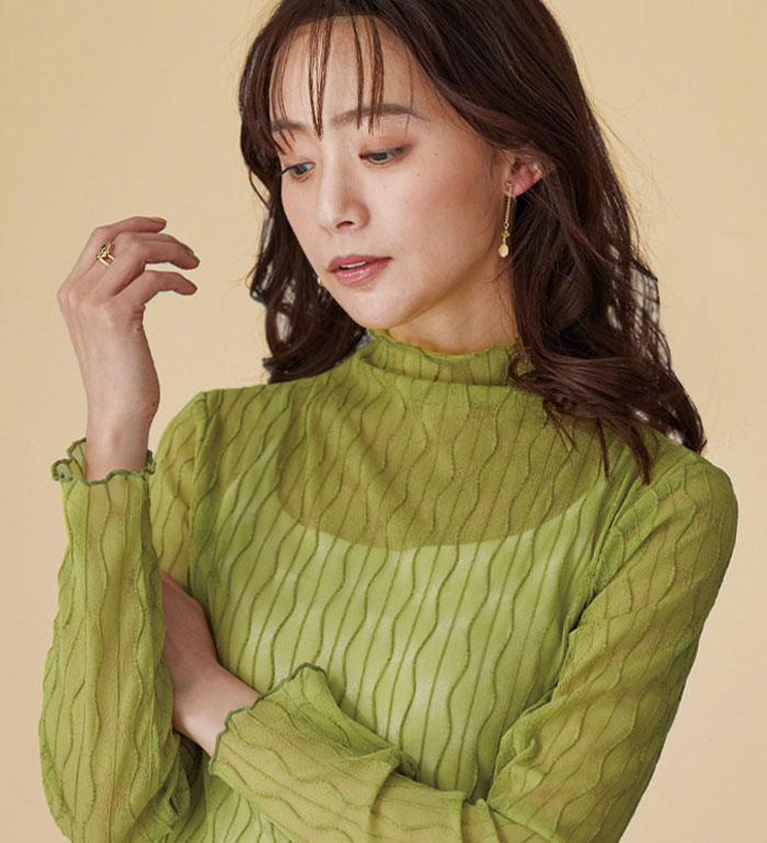 【お年玉クーポン配布中】 カットソー レディース 波柄立体ジャカードシアーインナー 2025春 belluna ベルーナ M-5L