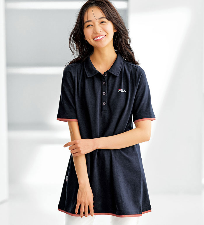 \まとめ買いクーポン配布中/ポロシャツ レディース <FILA>ひんやり!タック使い配色ポロチュニック2025夏 ベルーナ belluna M-5L 高評価