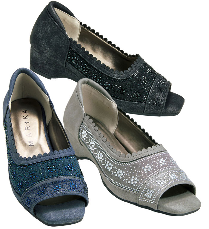 ＼まとめ買いクーポン配布中／パンプス レディース きらめきビジューのオープントゥパンプス 25盛夏 ベ..