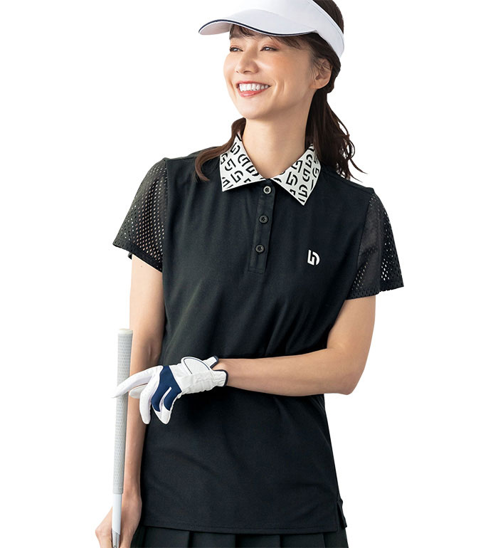 \まとめ買いクーポン配布中/ポロシャツ レディース 袖メッシュ衿ロゴポロシャツ2025夏 ベルーナ belluna M-LL