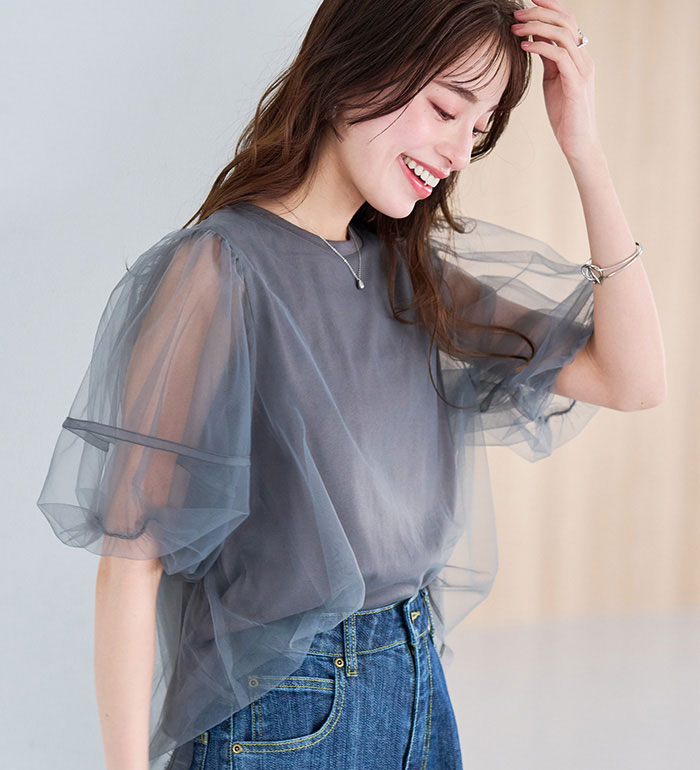 乐天商城 - カットソー プルオーバー レディース チュールレイヤードパフスリーブTシャツ 2025夏 RANAN ラナン M-LL