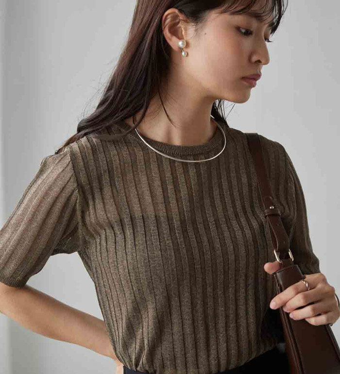 乐天商城 - ＼まとめ買いクーポン配布中／ニットプルオーバー レディース 5分袖シアーラメリブニット 2025夏 RANAN ラナン M-LL