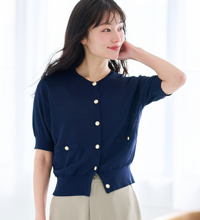 ＼お年玉クーポン2026円OFF／ ニットカーディガン レディース 【洗える・ひんやり・UV対策】ゴールド調ボタン5分袖ニットカーデ 2025夏 RANAN ラナン M-LL